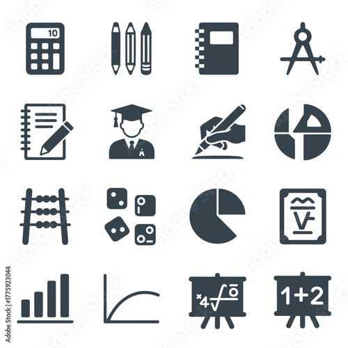 Collection of educational and mathematical icons representing learning and study
