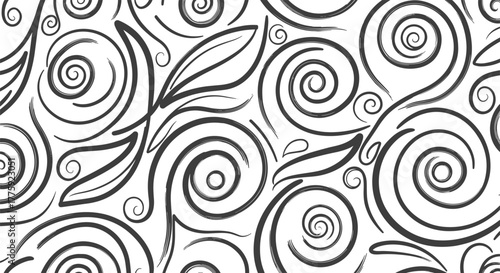 Decorative hand-drawn brushstroke seamless pattern featuring abstract swirls, curls, and organic leaf elements in black and white.