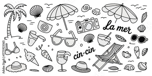 Summer beach vacation doodle elements including palm tree, umbrellas, sunglasses, and ice cream holiday