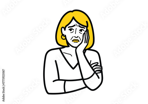 Woman expressing sadness worry anxiety distress with hand on face isolated on white - Flat Vector Illustration. Colored vector illustration
