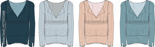 Vector illustration set of women's long-sleeve V-neck tops. Technical fashion flat sketch with empire waist in four color options for apparel design