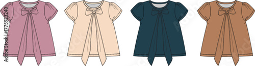 Collection of women's short puff sleeve blouses with a tie-neck bow detail. Fashion design technical flat sketch apparel vector template set