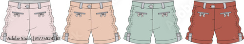 Four pairs of stylish shorts in different colors displayed in a row, showcasing fashion and apparel options