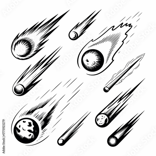 Collection of hand drawn meteorites and comets in motion against a white background