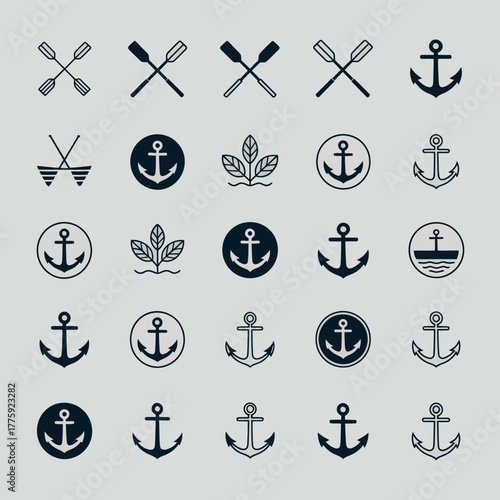 Collection of nautical anchor icons and crossed oars symbols