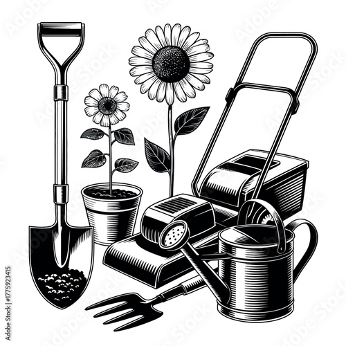 Black and white illustration of gardening tools and plants
