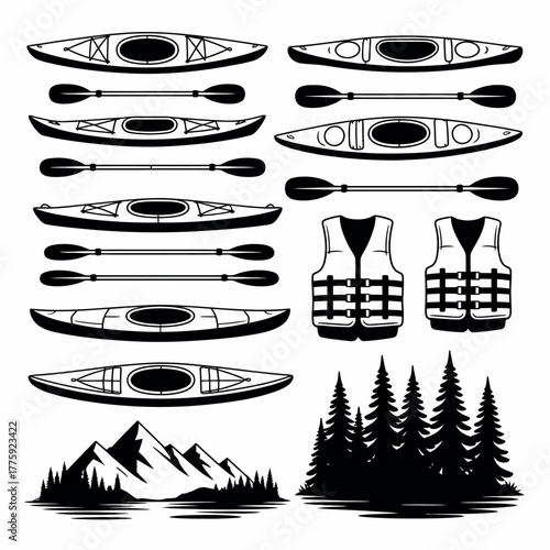 Collection of kayaks paddles life vests mountains and forest icons