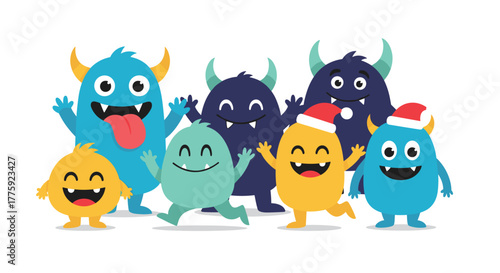 A group of happy and colorful cartoon monsters, some wearing Santa hats, celebrate together.