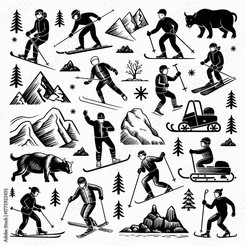 Vintage style illustration of skiers and winter mountain scenes