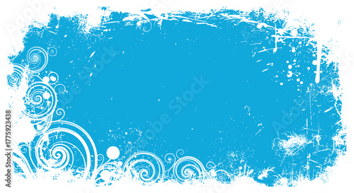 A vibrant blue background features a distressed grunge border and elegant white floral swirl designs, creating a dynamic decorative frame.