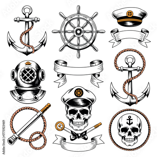 Nautical vintage illustration collection with anchors helmets and skull