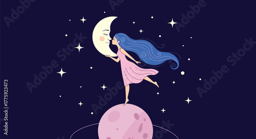 Whimsical illustration of a woman with flowing blue hair on a pink planet, gently kissing a crescent moon in a starry night sky.