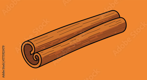 A stylized illustration featuring two aromatic brown cinnamon sticks, a popular spice ingredient, on a vibrant orange background.