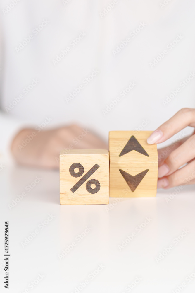 Naklejka premium Percentage block change to UP and Down arrow. Interest rate, GDP, stocks market, financial, deflation and Inflation, ranking, mortgage, debt, Loan and Economic Recession concept