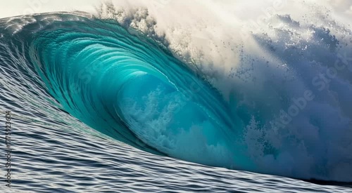Slow motion shot of a big powerful blue ocean wave