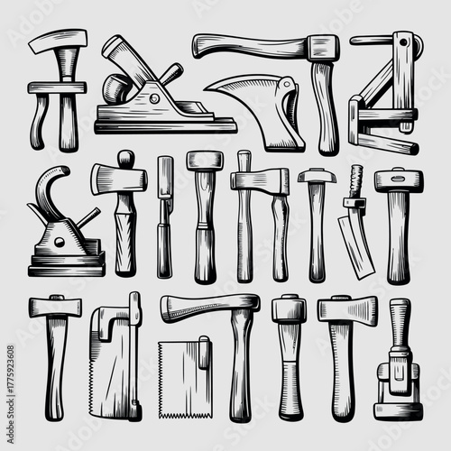 Collection of vintage hand tools for woodworking and carpentry