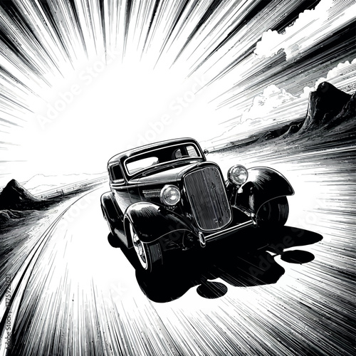 Vintage car speeding down a road with dramatic sunburst effect