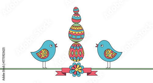 Charming Easter illustration featuring two blue birds perched on a green line, observing a stack of vibrantly decorated eggs and a festive ribbon with a flower.