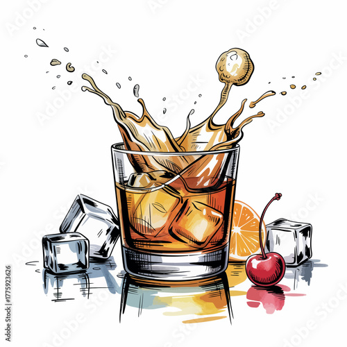 Refreshing cocktail splash with ice cubes and cherry