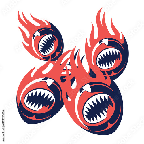 Fiery monster eyes with sharp teeth and flames