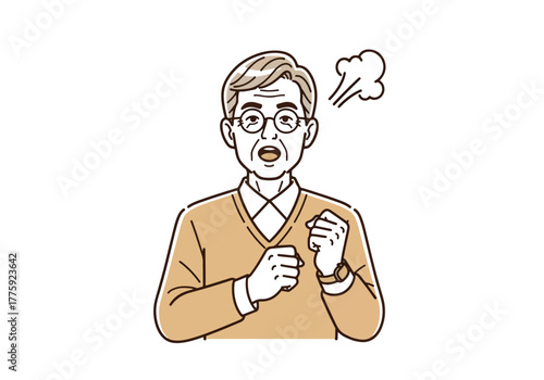 Elderly man coughing and sneezing with steam exhaling from his mouth senior health - Flat Vector Illustration. Colored vector illustration