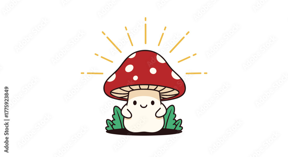 Naklejka premium A charming and cheerful cartoon mushroom with a red spotted cap and a happy face sits among green grass, radiating golden light.