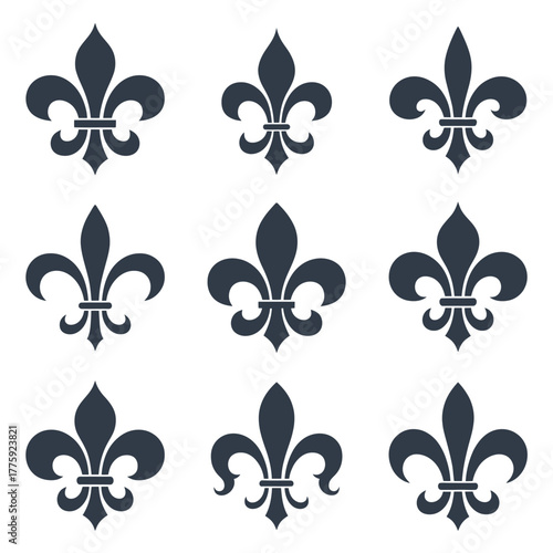 Collection of nine dark grey fleur de lis symbols arranged in a grid