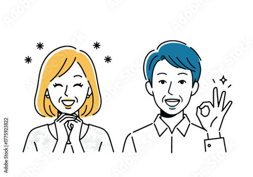 Happy smiling couple showing approval gesture and stars expressing joy and satisfaction - Flat Vector Illustration. Colored vector illustration