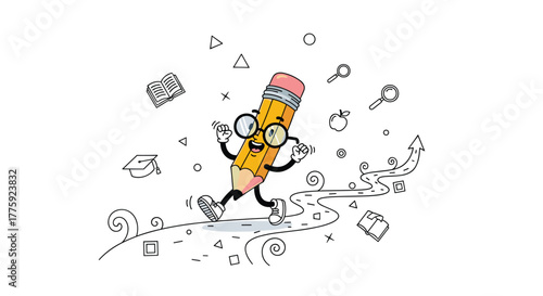 A cheerful cartoon pencil with glasses embarks on a journey of learning and discovery, surrounded by symbols of education and progress.