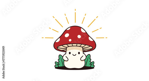 A charming and cheerful cartoon mushroom with a red spotted cap and a happy face sits among green grass, radiating golden light.