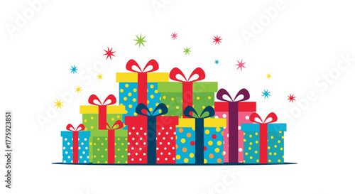 A vibrant collection of colorful gift boxes with decorative ribbons and polka dots, surrounded by festive stars.