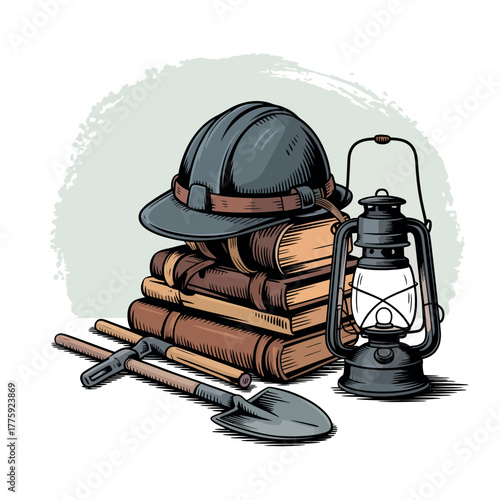 Vintage explorer gear stacked with books and lantern