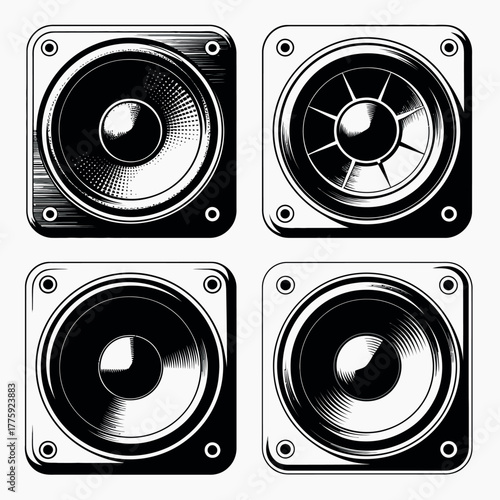 Four square vintage style speaker drivers in black and white