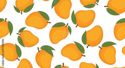 A cheerful and vibrant seamless pattern of ripe, juicy mangoes with green leaves, scattered beautifully on a clean white background.