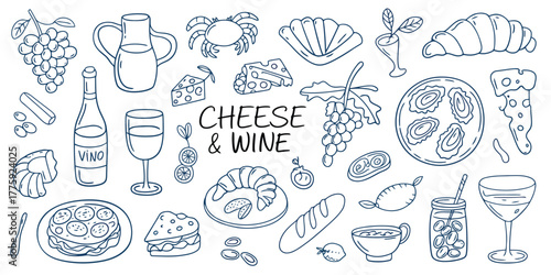 Cheese and Wine Doodle Collection Crab Croissant Grapes Pizza Sandwich pitcher wine bottle
