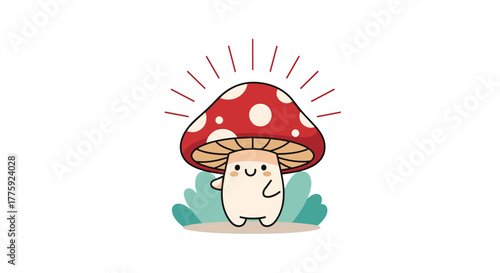 An adorable, happy mushroom character with a red spotted cap and a friendly smile stands amidst green bushes, radiating cheer.