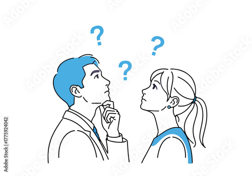 Couple thinking together pondering questions with blue highlights and question marks - Flat Vector Illustration. Colored vector illustration