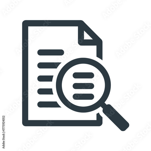 Magnifying glass over document with lines of text icon