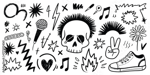 Collection of hand-drawn doodle icons including a skull, microphone, and music notes flower sneaker
