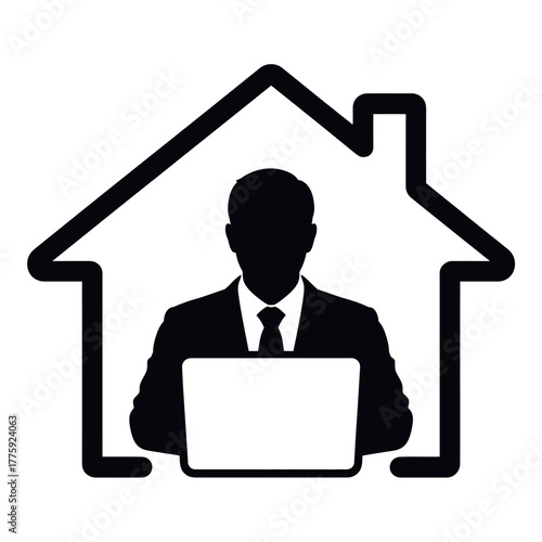 Silhouette of a businessman working on a laptop inside a house outline