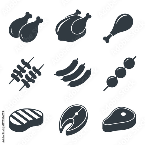Collection of grilled meat and fish icons for food and cooking