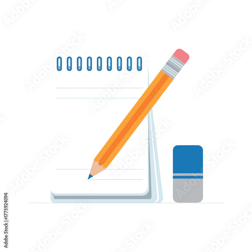 Spiral notebook with pencil and eraser on white background