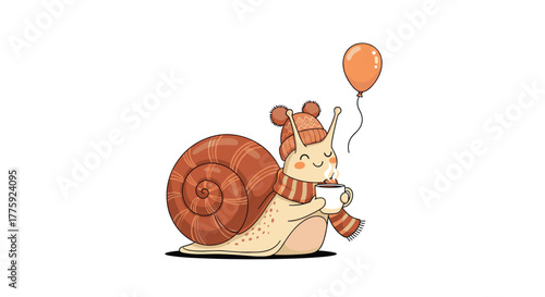 A charming snail, cozy in a knitted hat and scarf, enjoys a warm drink while holding an orange balloon, radiating cheerfulness and warmth.