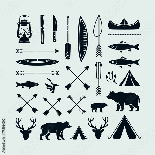 Vintage camping and outdoor adventure icons set
