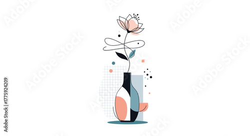 Abstract minimalist illustration featuring a flower in a modern vase with elegant lines, geometric shapes, and a soft, muted color palette.