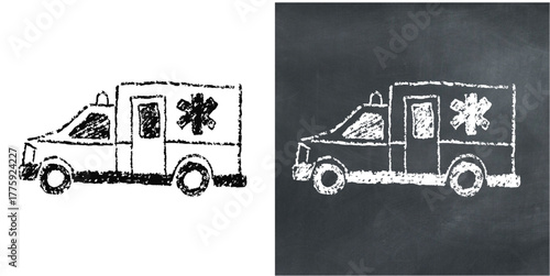 Chalk hand-drawn ambulance vector. Ideal for emergency response, rescue, and first aid themes. This graphic symbolizes rapid medical transport with a unique, sketchy aesthetic.