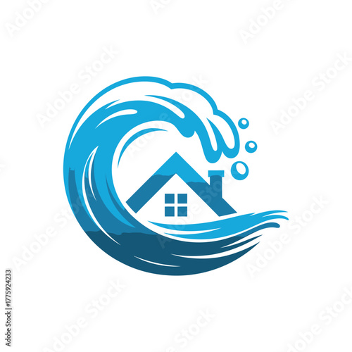 House protected by a protective wave symbol representing water damage restoration