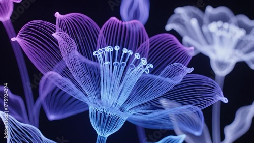 Glowing digital artwork of flowers with flowing lines in shades of purple and blue on a black background