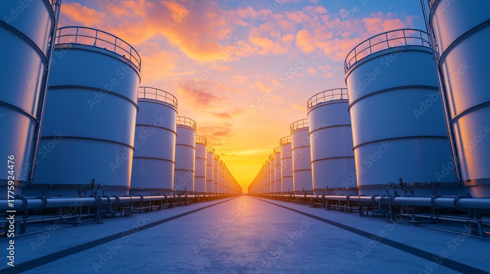 Fototapeta premium Wide cinematic frame of renewable hydrogen facility showing storage tanks and pipelines under sunlight. 