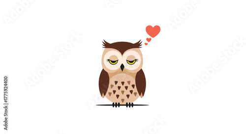 A charming cartoon owl with sleepy eyes and a brown and beige feathered body, thinking of love as red hearts float above.